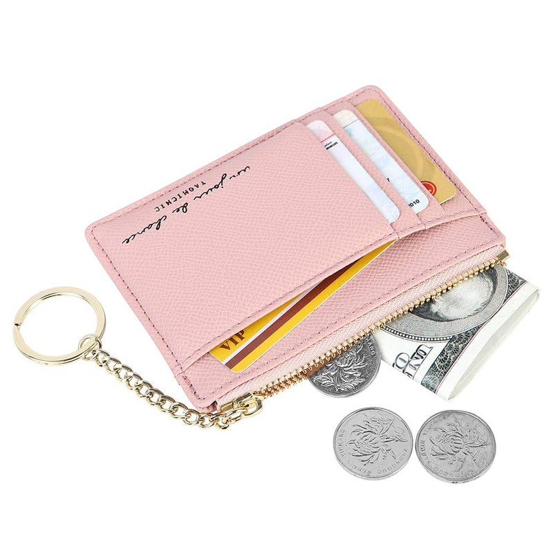 Cynure Women's 8 Cards Slim Minimalist Card Holder Coin Changes Purse Keychain Front Pocket Wallet, pink - Image 2